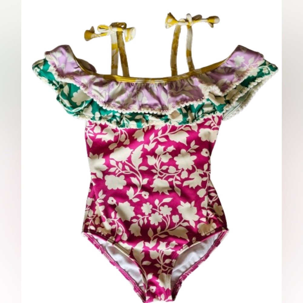 Mini Boden Girls One-Piece Swimsuit Ruffle Floral Print Size 3/4 Beachy Vacation